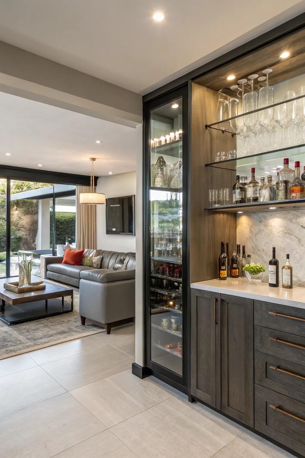 Exposed shelving provides a contemporary touch to your wet bar.