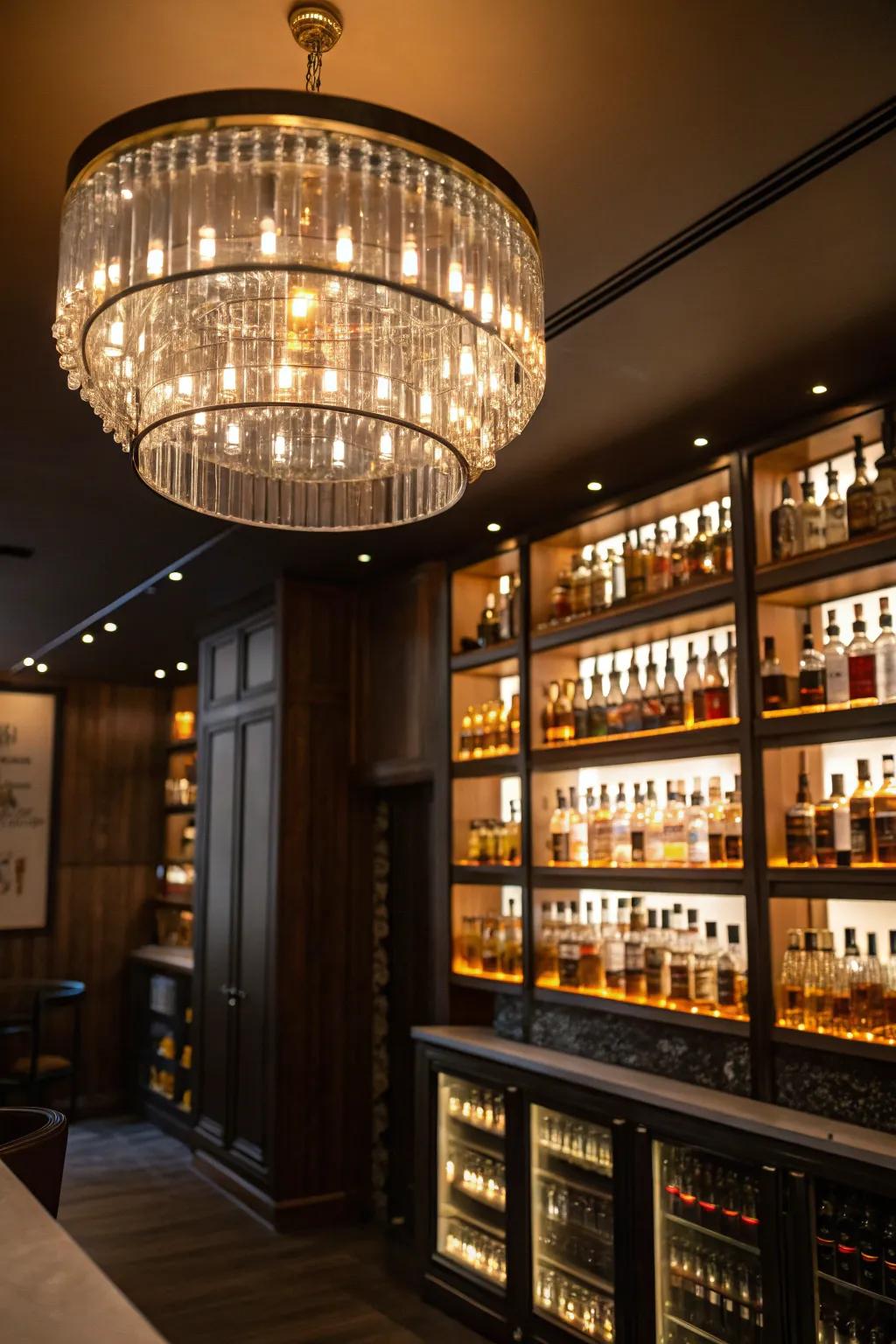 Carefully positioned lighting enriches the ambiance and highlights your whiskey assortment.
