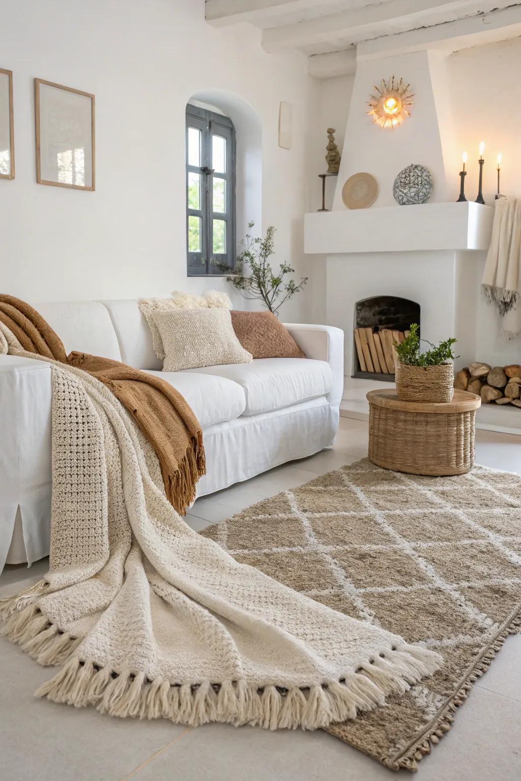 Textural components such as rugs and throws enrich a white living space.