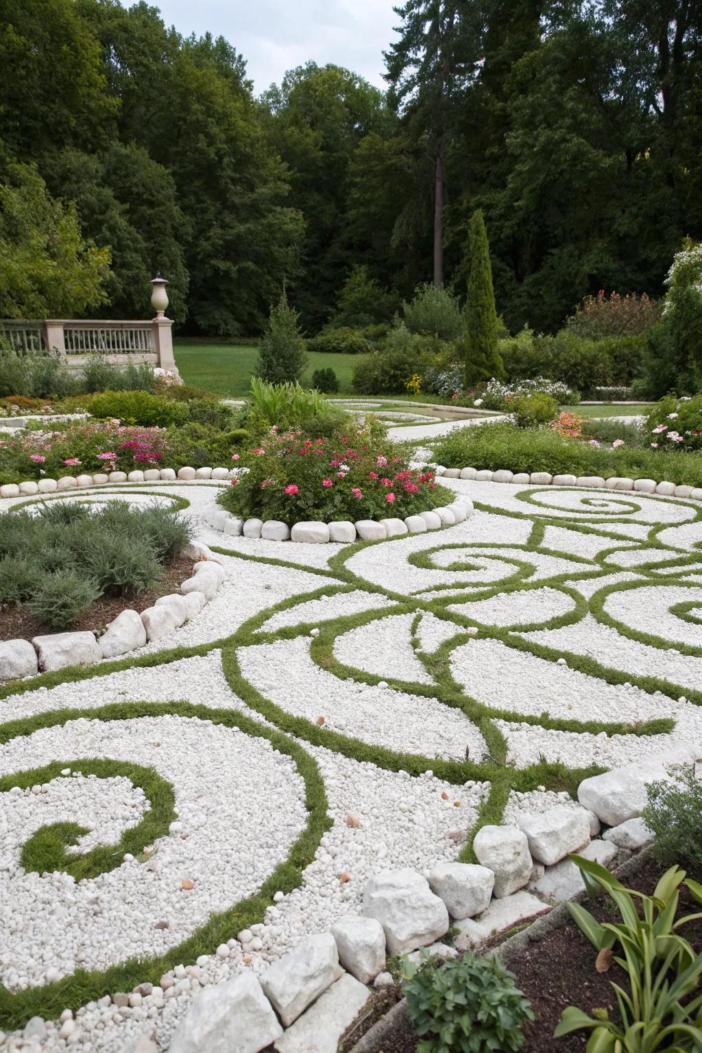A garden exhibiting geometric designs formed with white stones, injecting a modern artistic vibe.