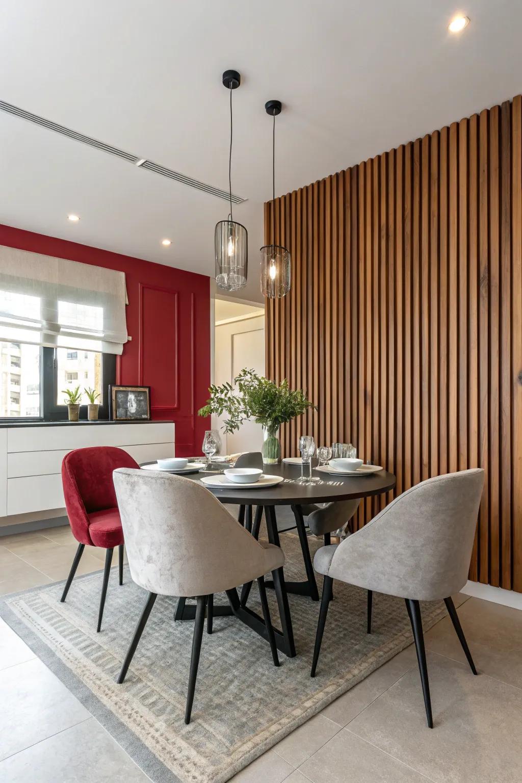 Create a striking statement in your dining room with a dramatic wood slat accent wall.