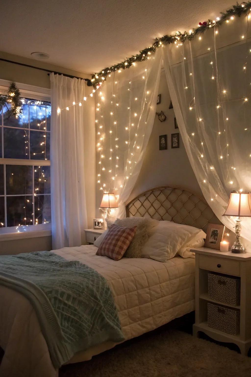 Whimsical string lights infuse your bedroom with charm.