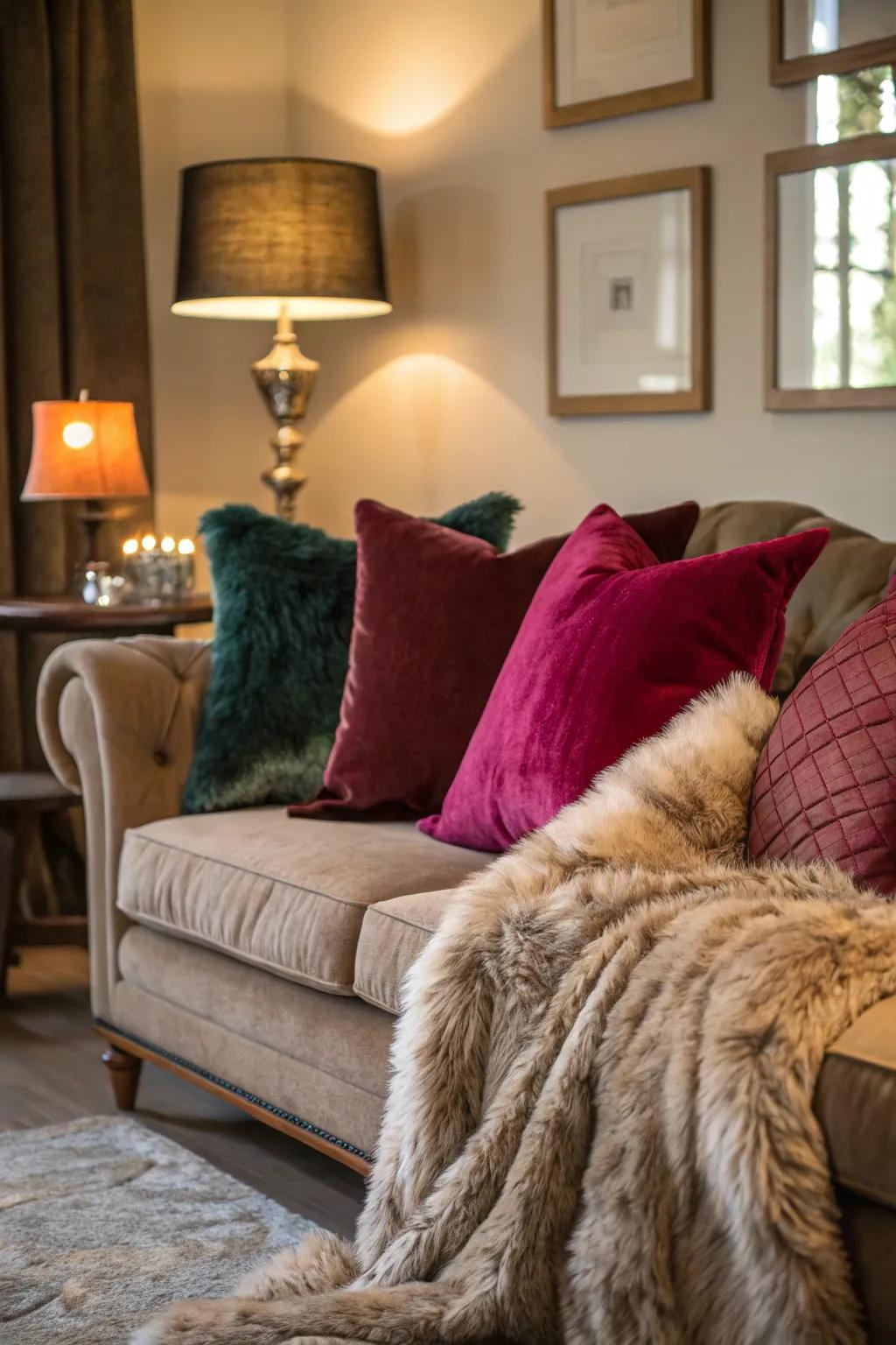 Welcoming textiles like velvet and imitation fur in a dimly lit living room.