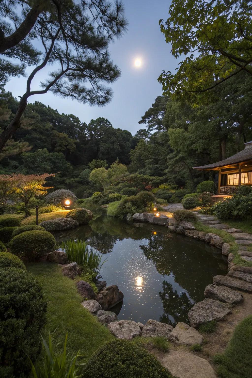 A serene pond reflecting the moon's soft light.