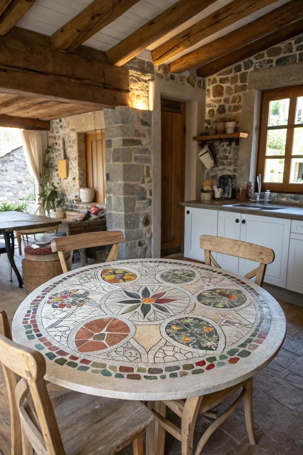 A mosaic table artfully assembled from repurposed dishes exudes homespun charm and individualized style.