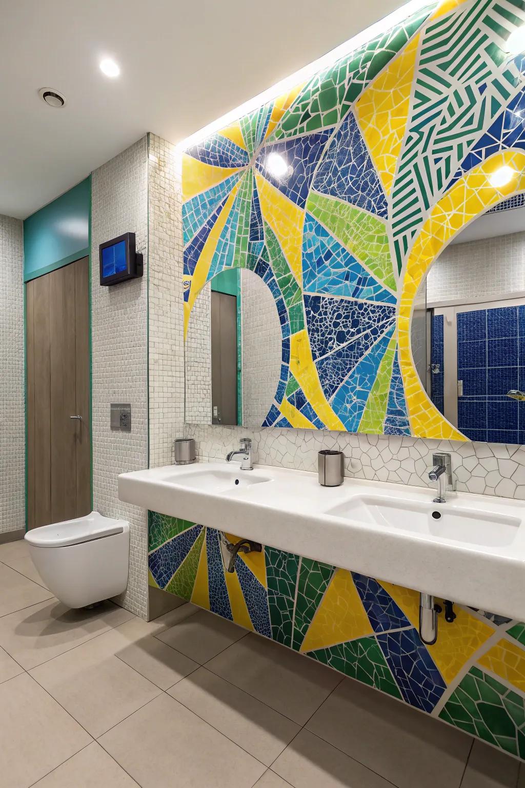 A vibrant mosaic accent wall serving as the bathroom's key feature.