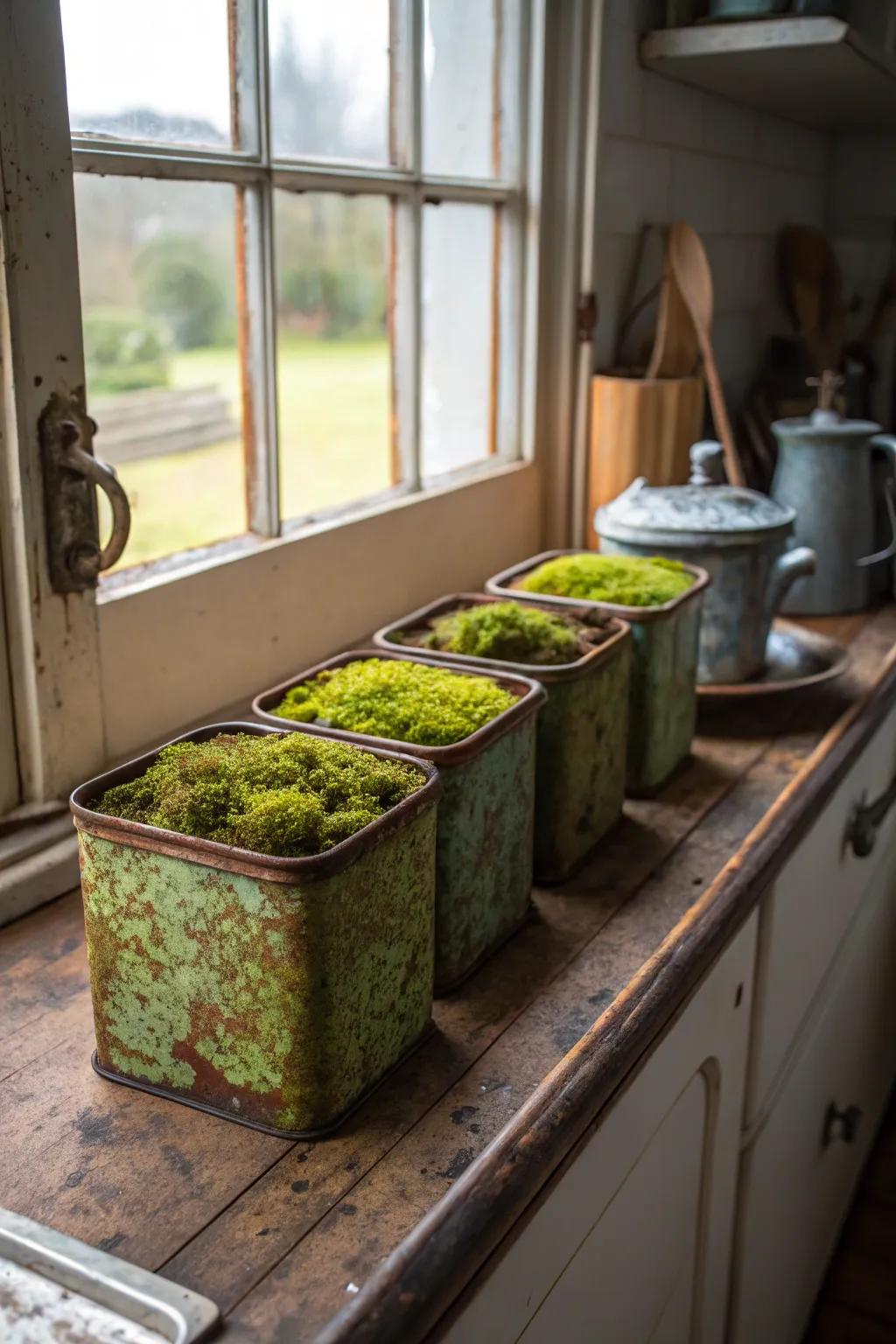 Retro tea boxes morph into charming moss pots.