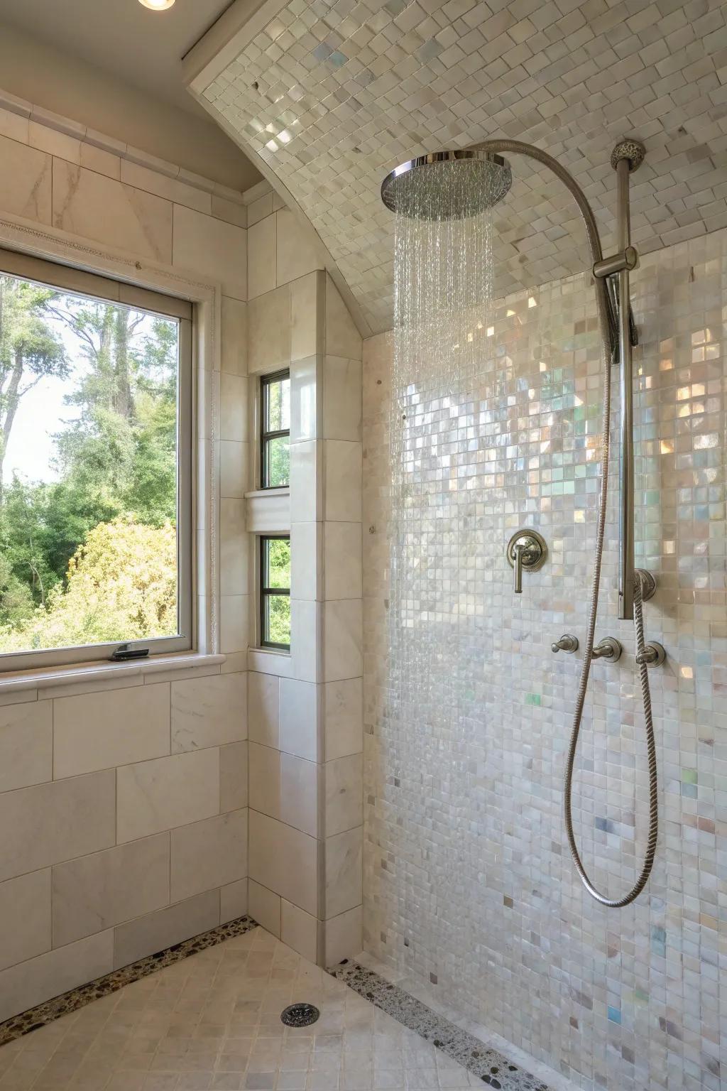 Turn your shower into a lavish getaway with nacre tiles.