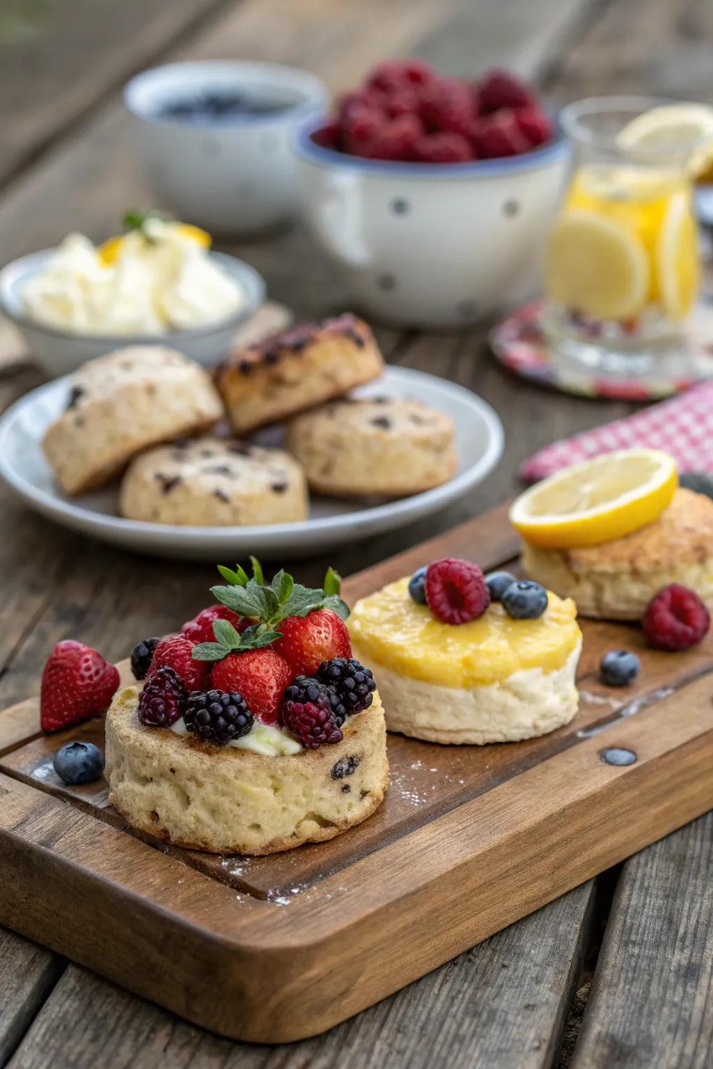 A scone bar with various toppings lets everyone savor their chosen flavors.