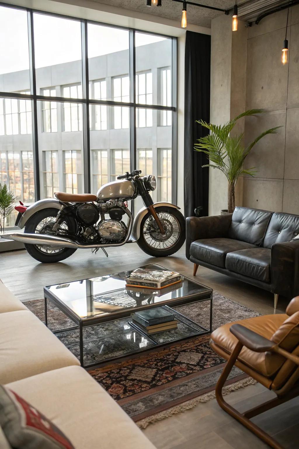 A motorcycle serving as a daring centerpiece for the living room.