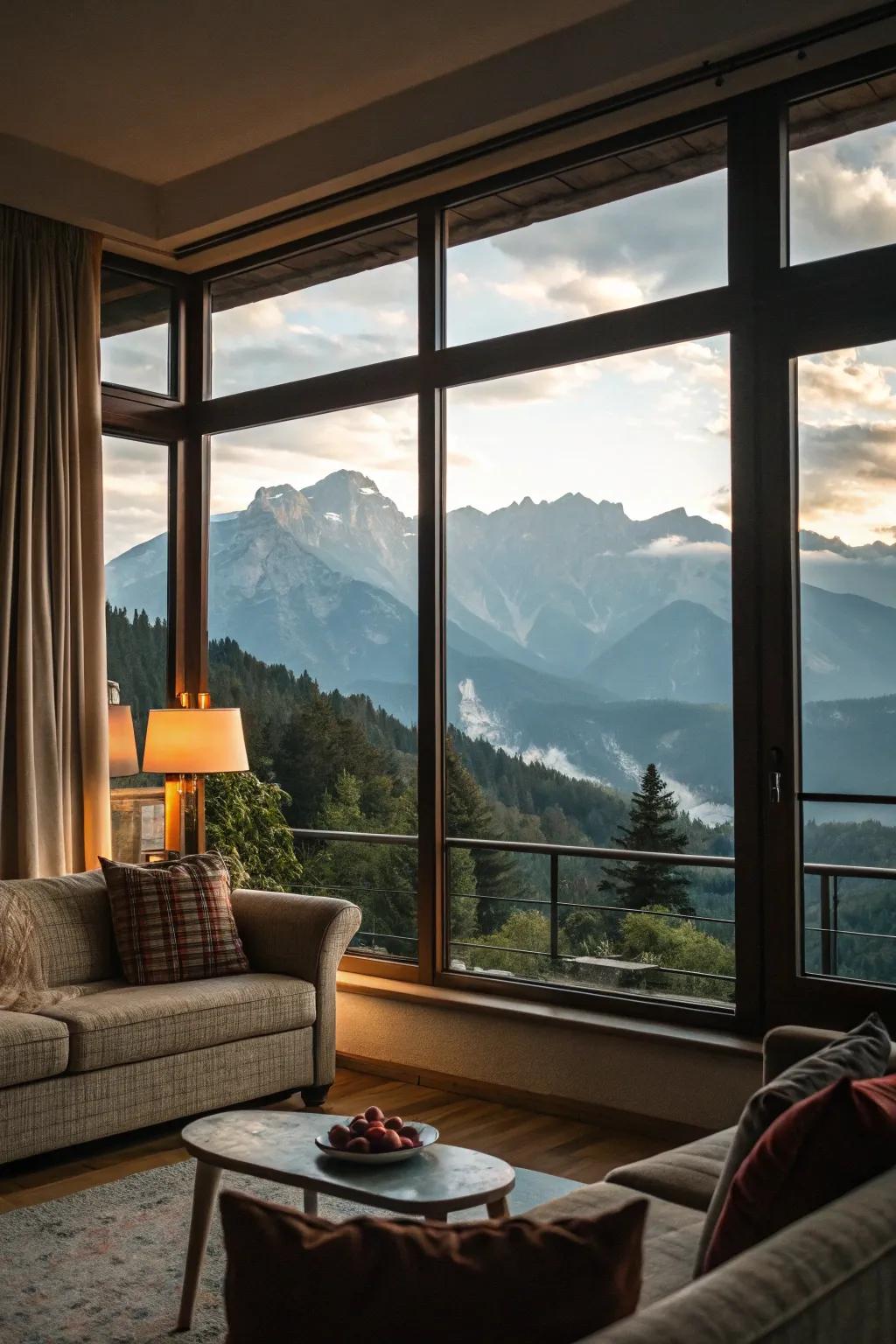 Expansive windows seamlessly merge outdoor landscapes with the indoor environment.