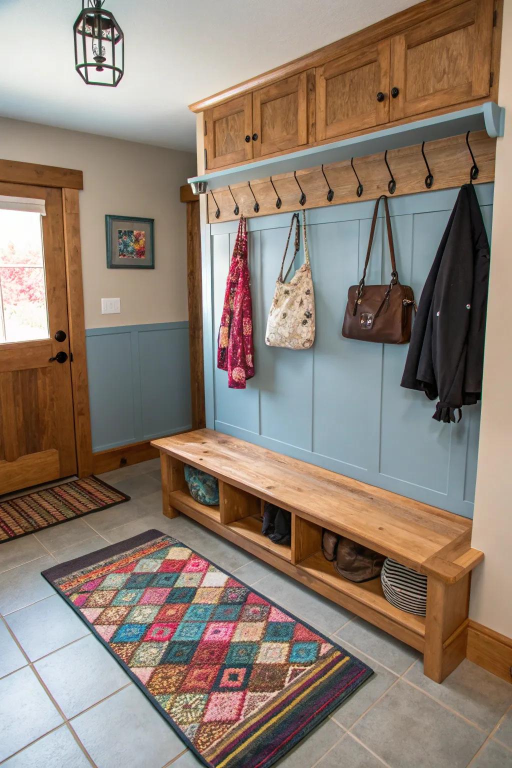 A functional mudroom featuring hangers for streamlined suspension.