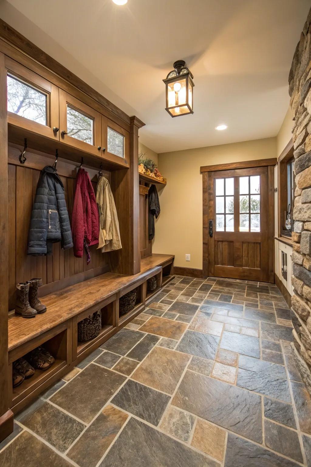 Organic stone tiles bring an earthy vibe to your mudroom.