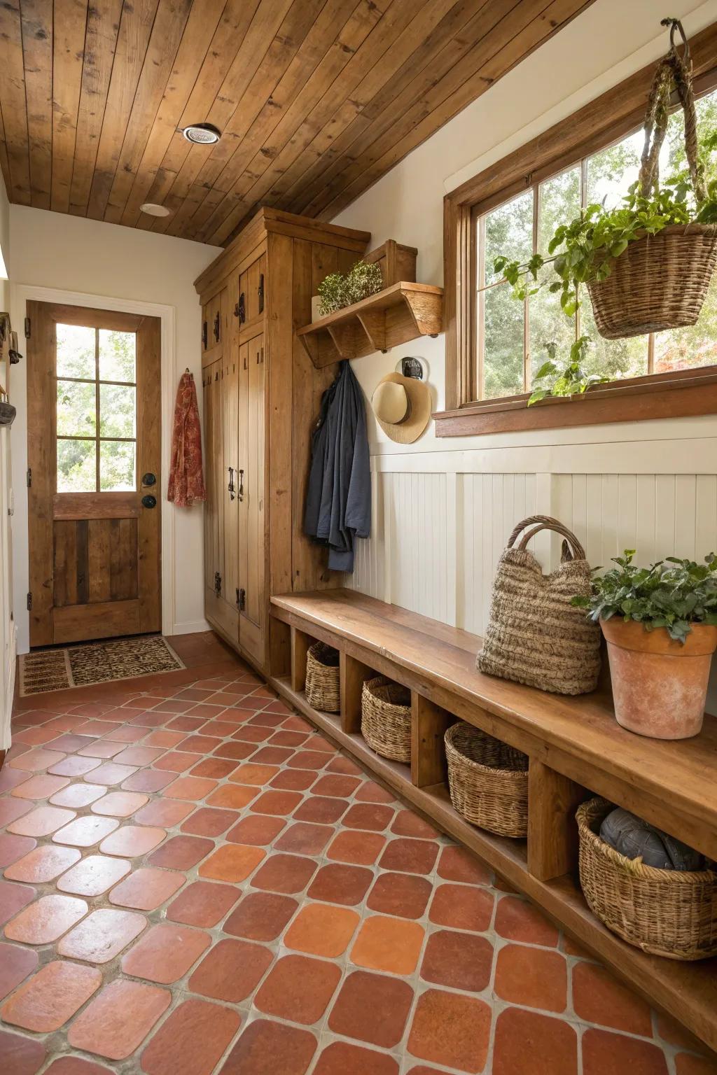 Warm terracotta tiles in a cozy mudroom