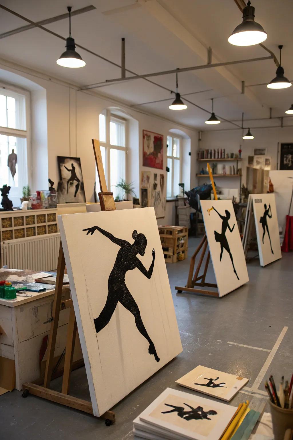 Silhouetted subjects are shown in motion, arranged across a set of canvases, lending a sense of energy to the art studio.
