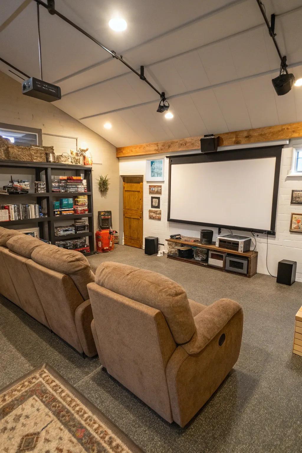 A garage converted into an entertainment center with comfortable seating and a large screen.