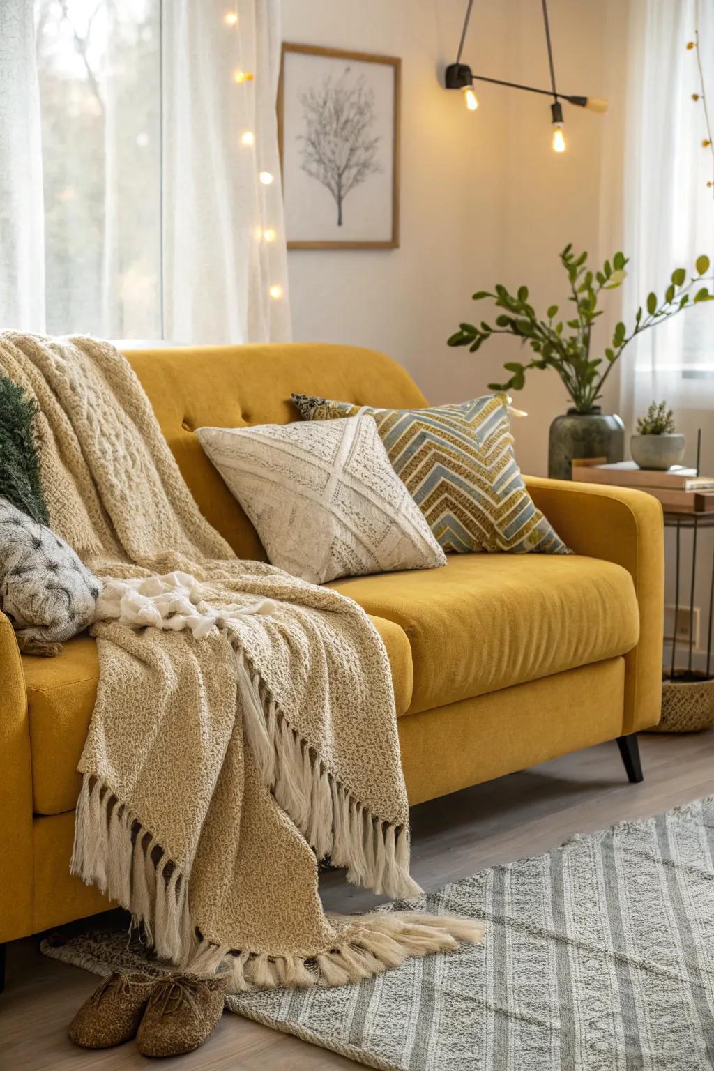Overlaid textures fashion a snug and welcoming atmosphere.