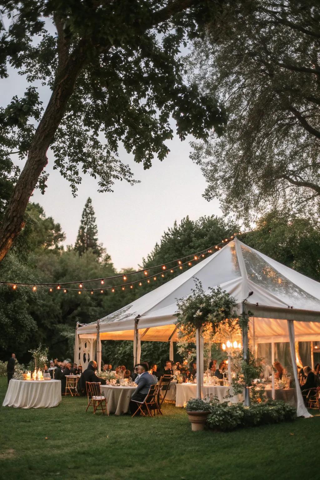An open-air wedding celebration featuring a marquee crafts an enchanting scene.