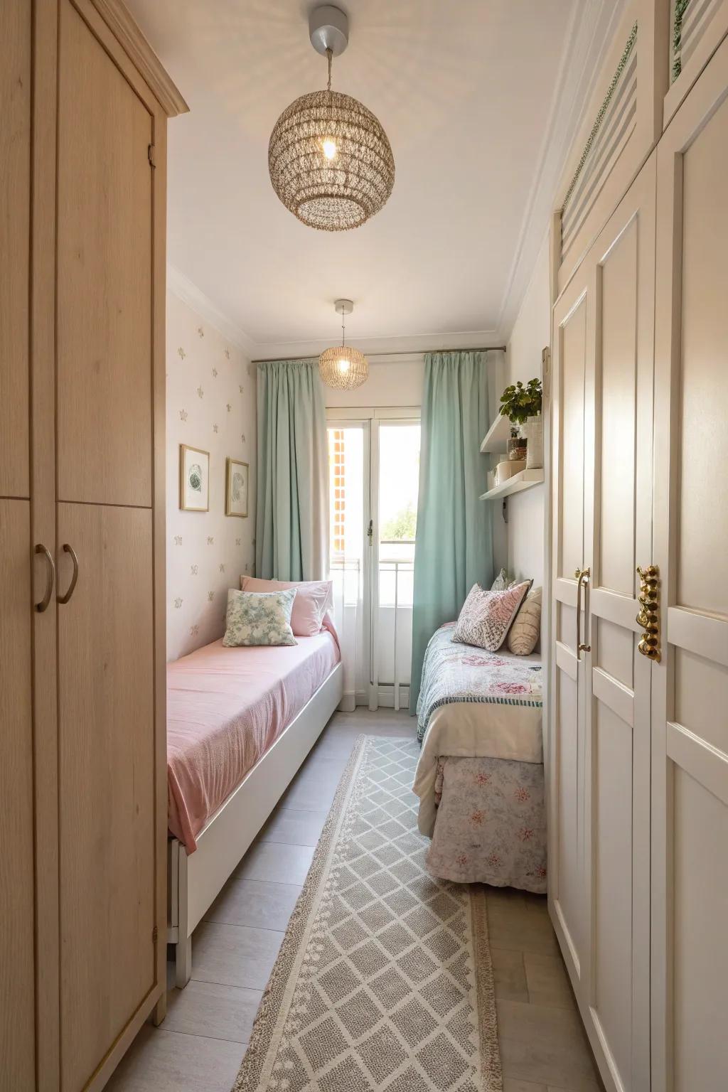 Pale hues conjure an ethereal and open ambiance in a slender bedroom.