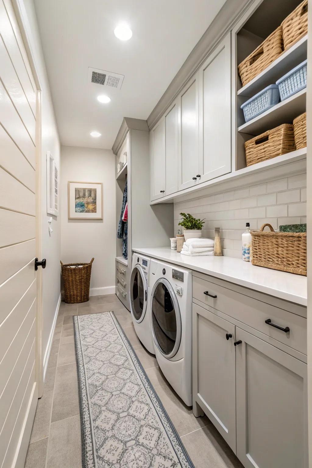 Light shades like white and gray have the power to make your laundry room feel more expansive and welcoming.