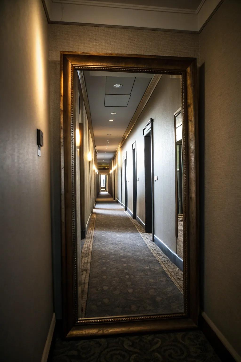 Key mirror arrangement can cause a restricted hallway to seem more extensive and more brilliant.