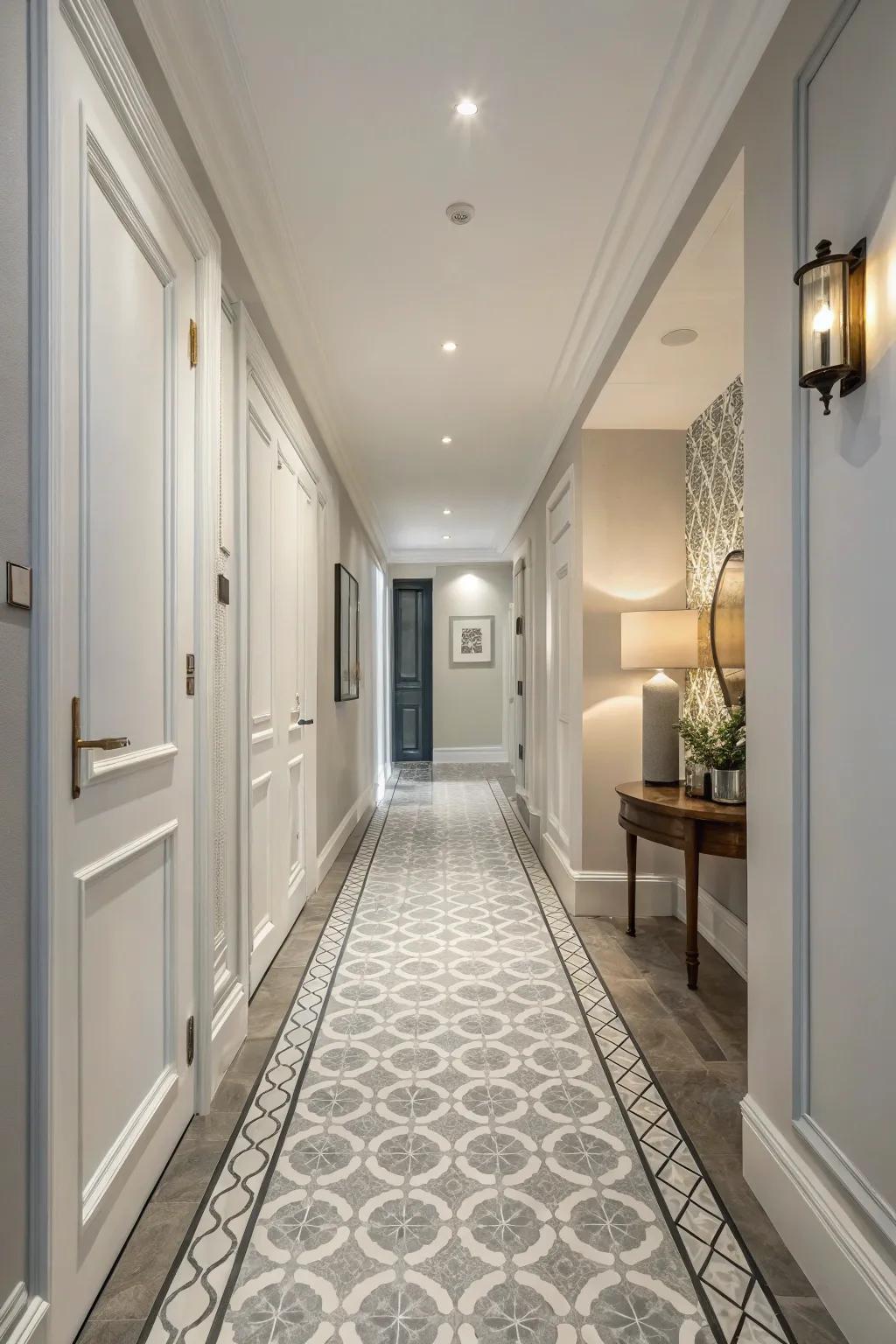 Monochrome schemes have the capability to make confined hallways seem more spacious and unified.