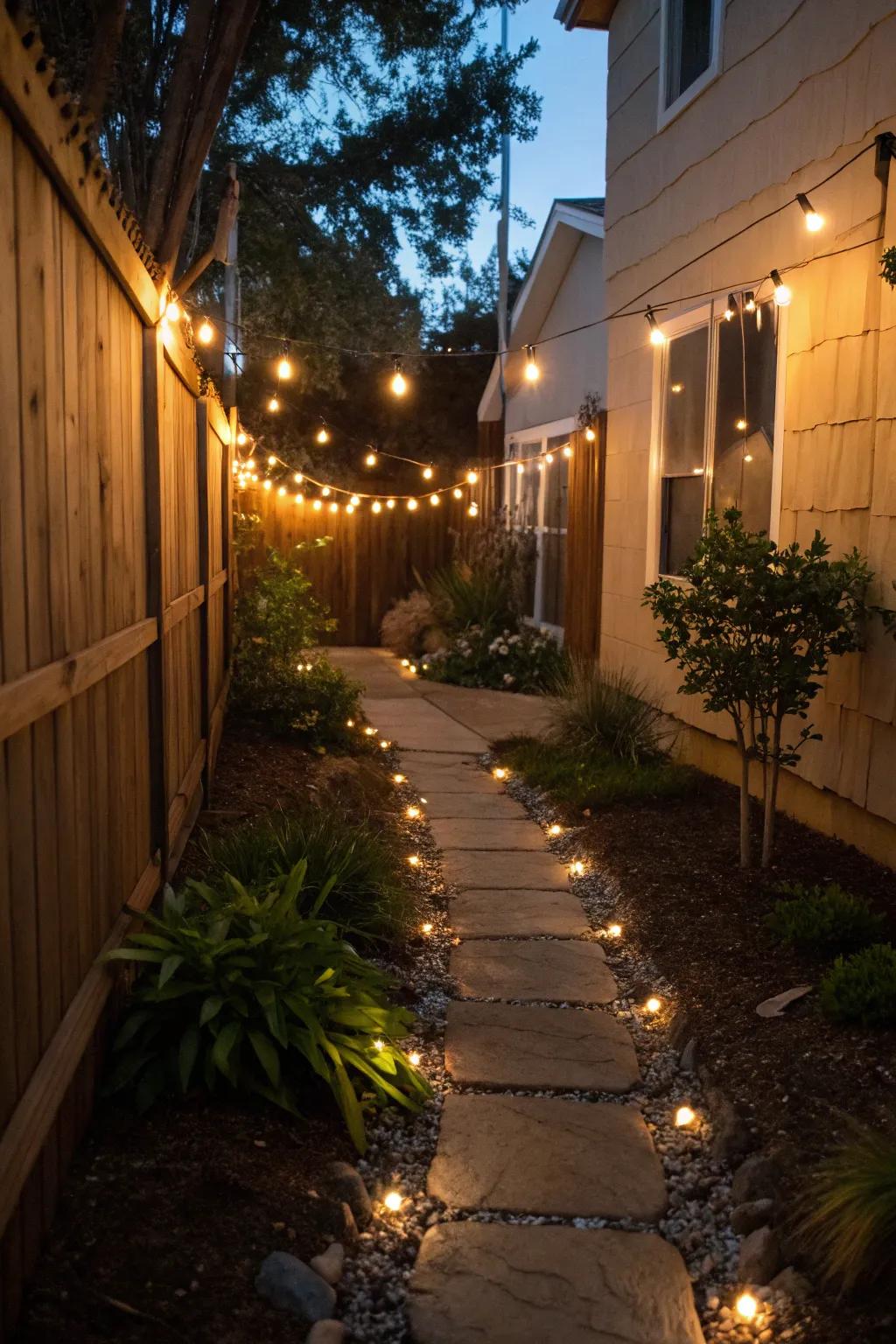 Subtle lighting transmutes a side garden into a nighttime sanctuary.