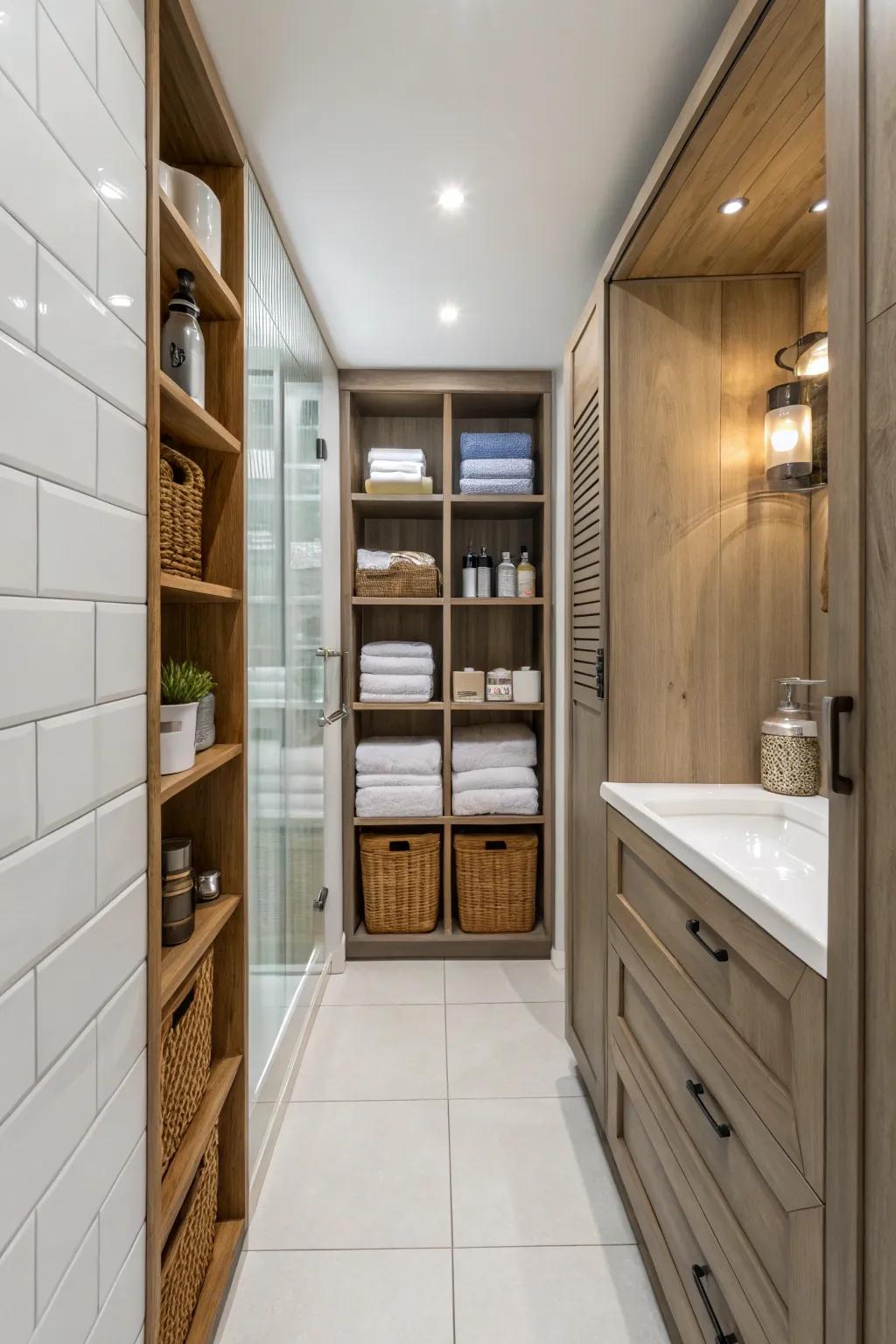 Upward storage makes the most of area in small bathrooms.