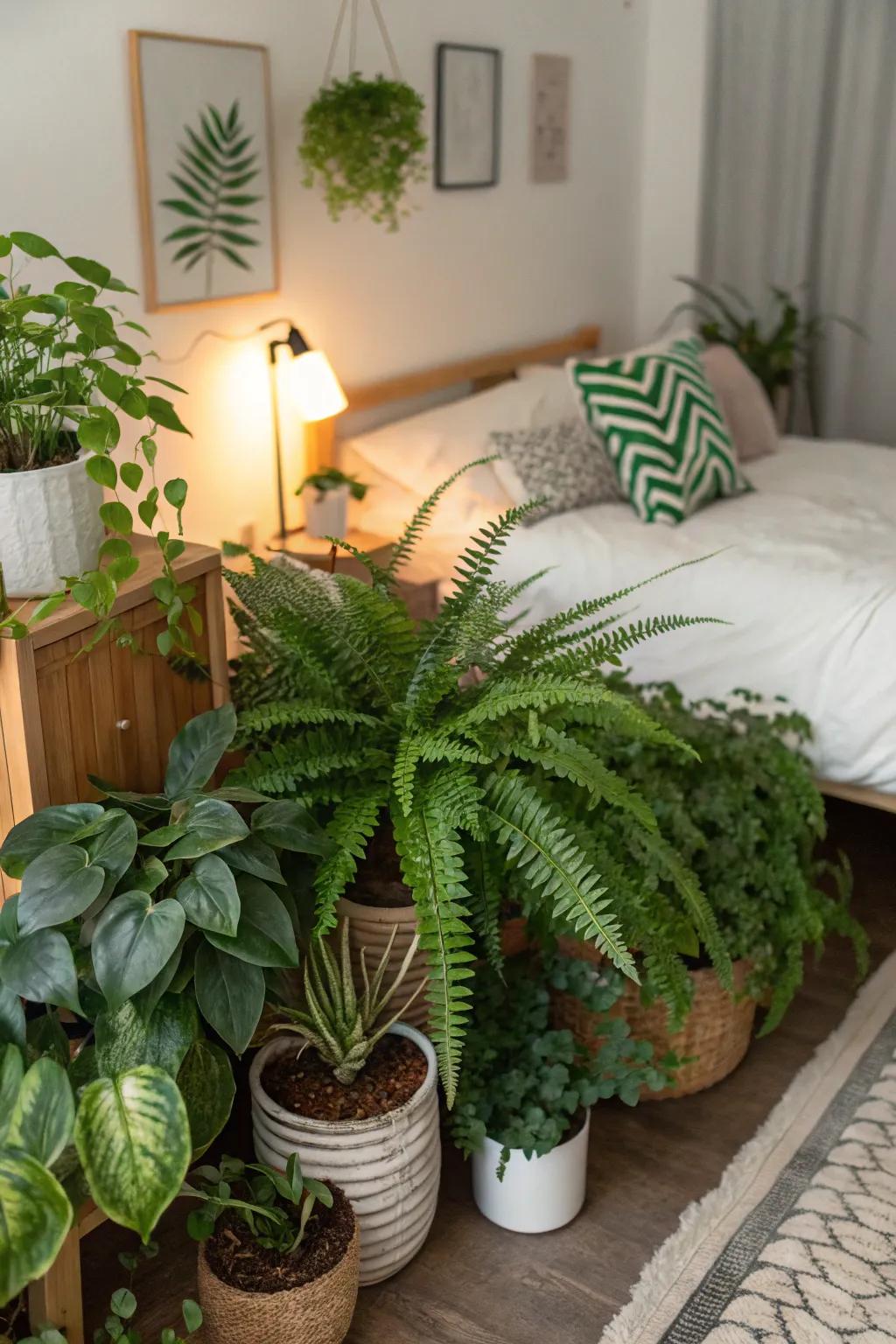 Houseplants add a hint of nature to this bedroom corner.