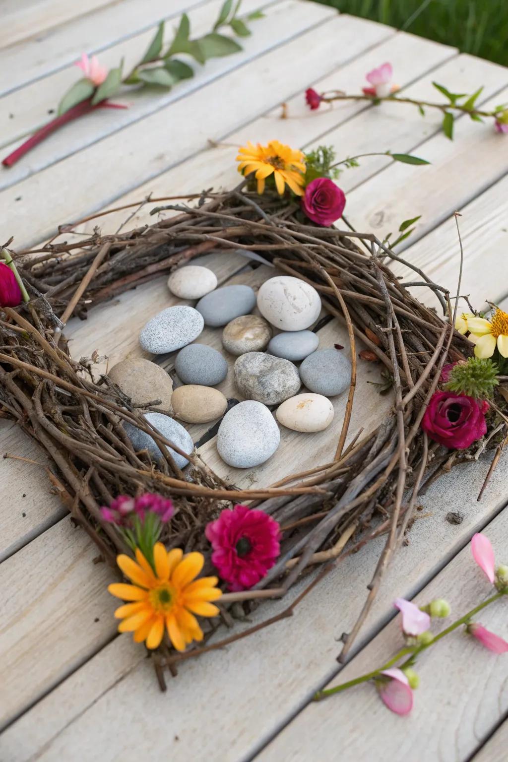 An artistic collage featuring natural elements like small branches and stones.