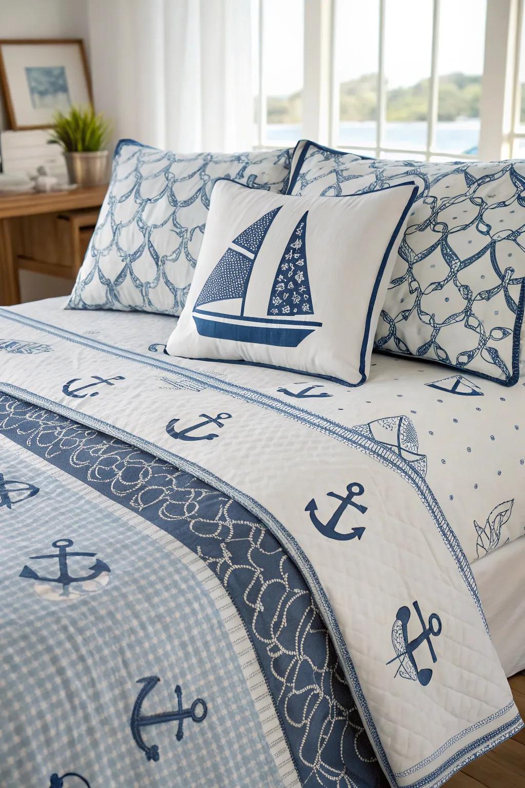 Nautical-themed bedding brings the sea to your sleep space.