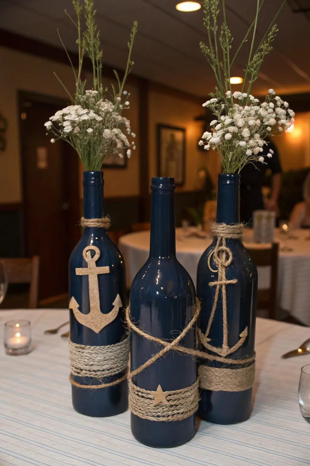 Repurposed wine bottles result in elegant nautical decor.