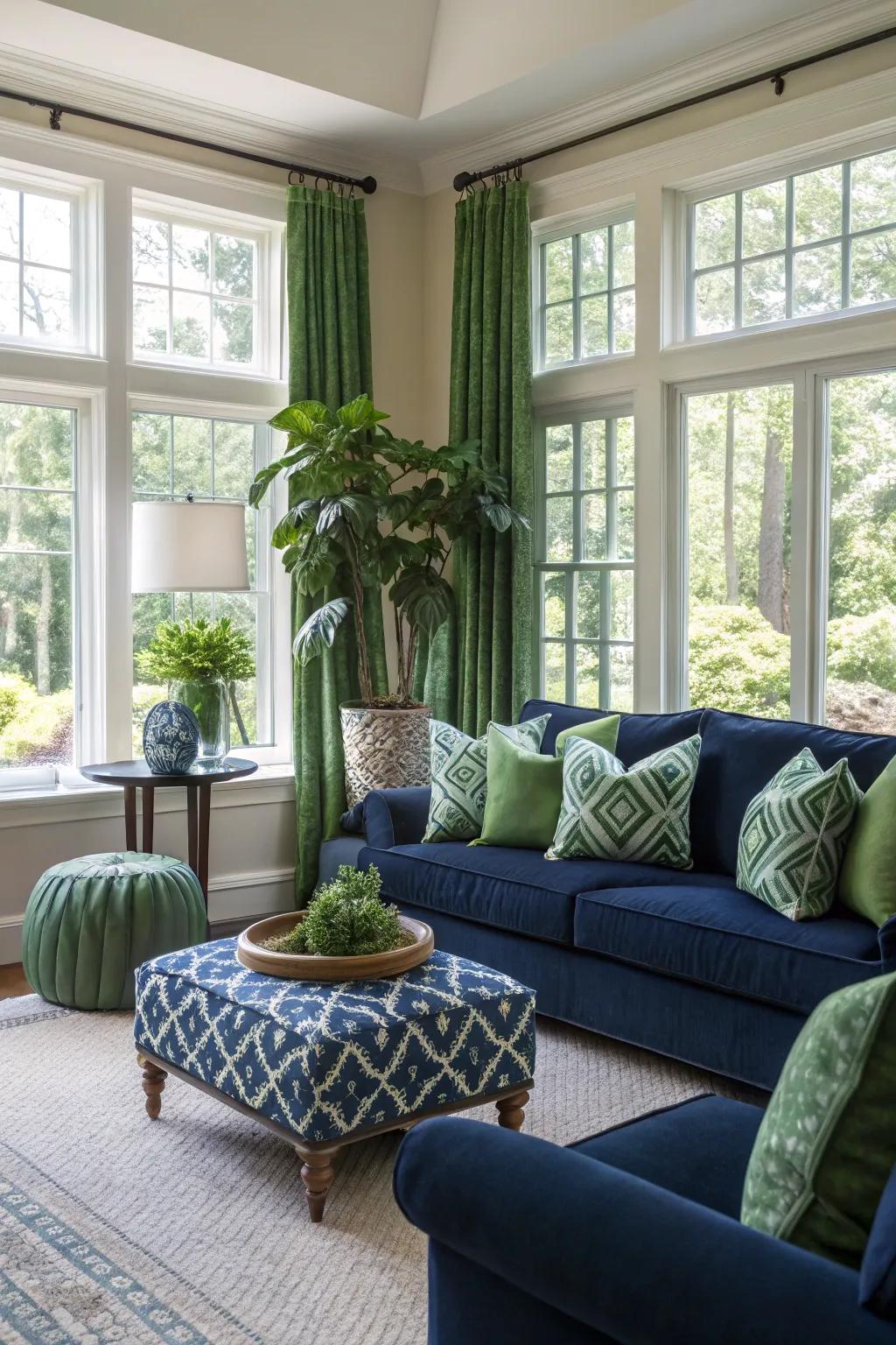 Sunlight beautifully highlights deep and verdant shades in the living area.