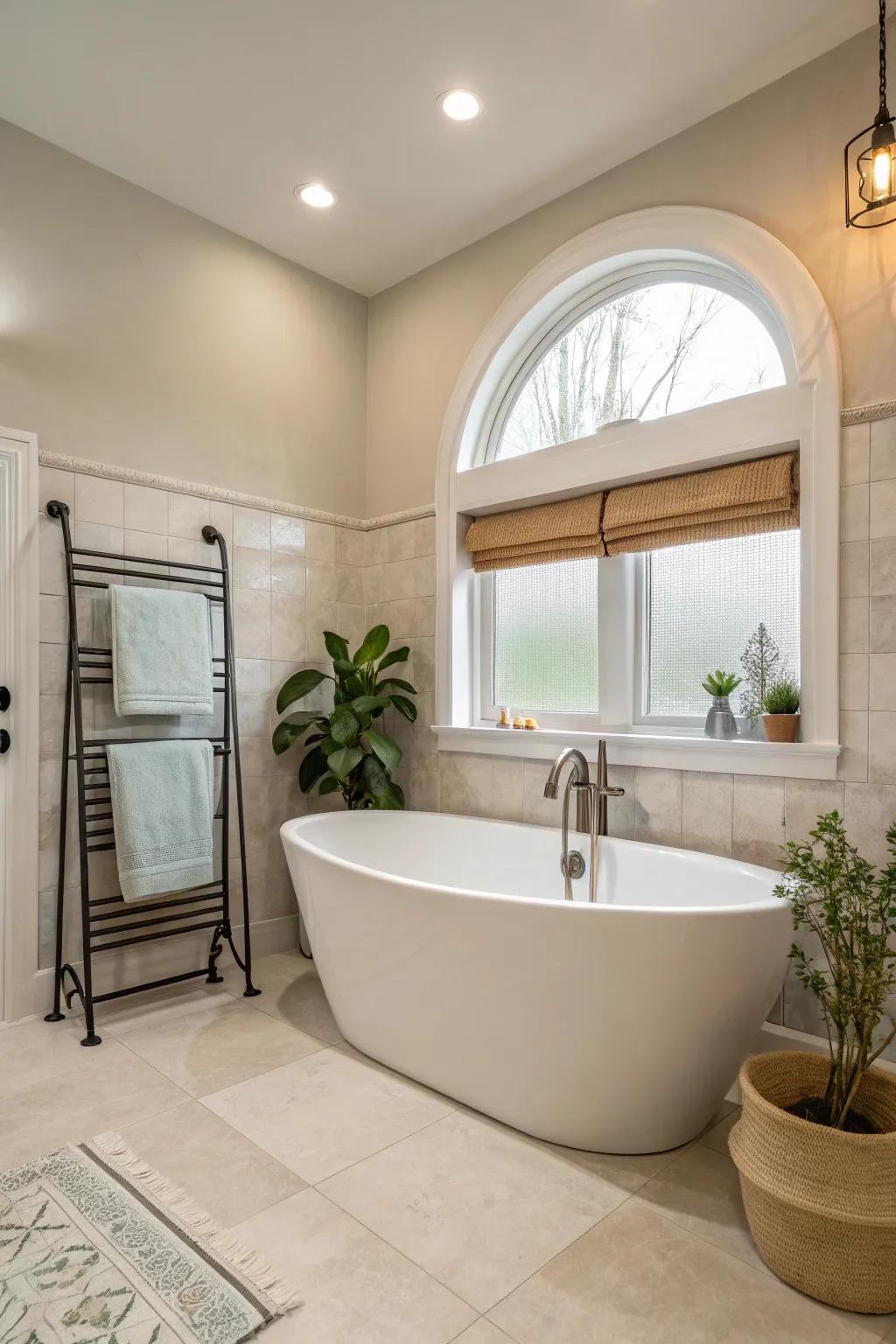 An unattached soaking tub serves as a luxurious centerpiece.