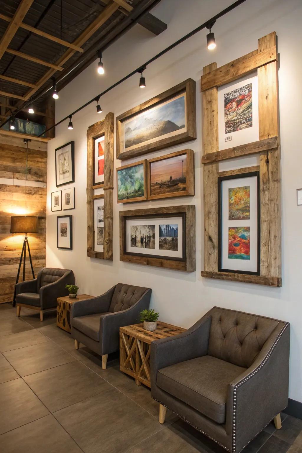 Modern art combines with rustic charm for balanced decor.