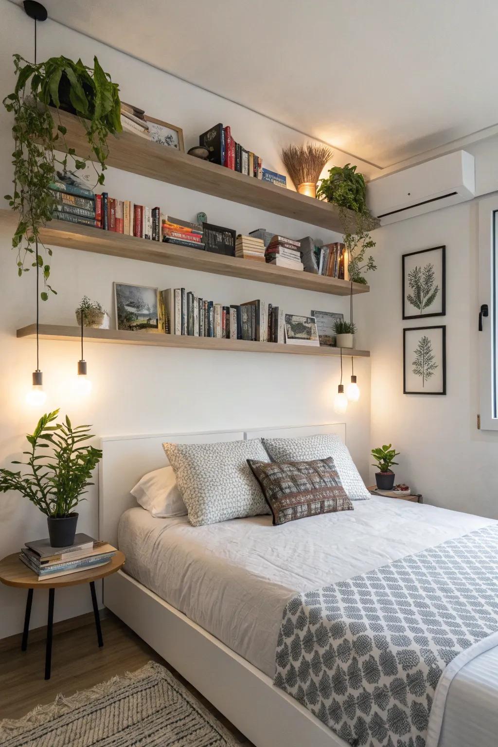 Floating shelves contribute both practicality and charm above the bed.