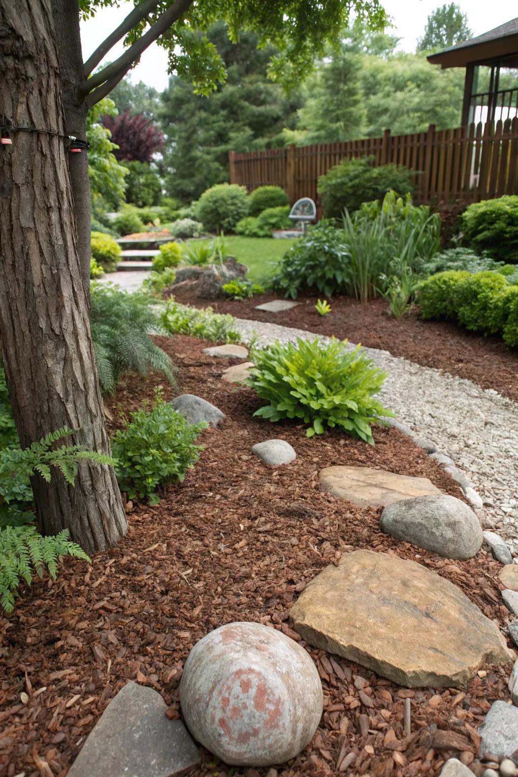 A peaceful garden with wood chips and ground covers for simple maintenance.