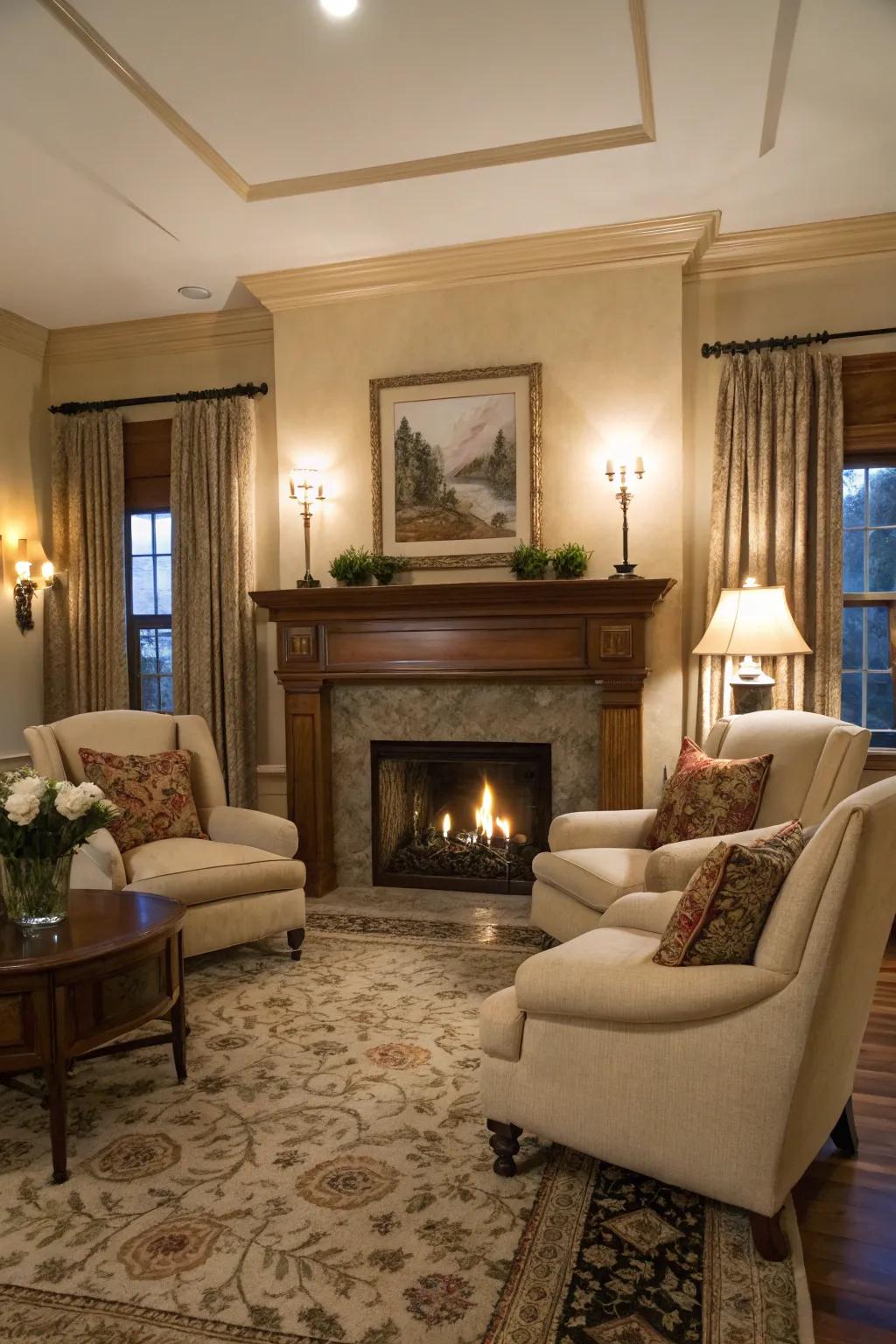 A fireplace provides warmth and becomes a central gathering location.