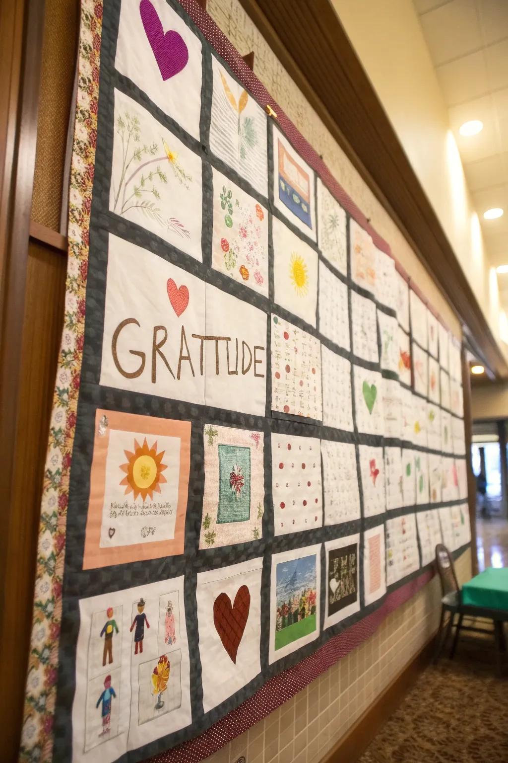 A display celebrating thankfulness with a patchwork theme.