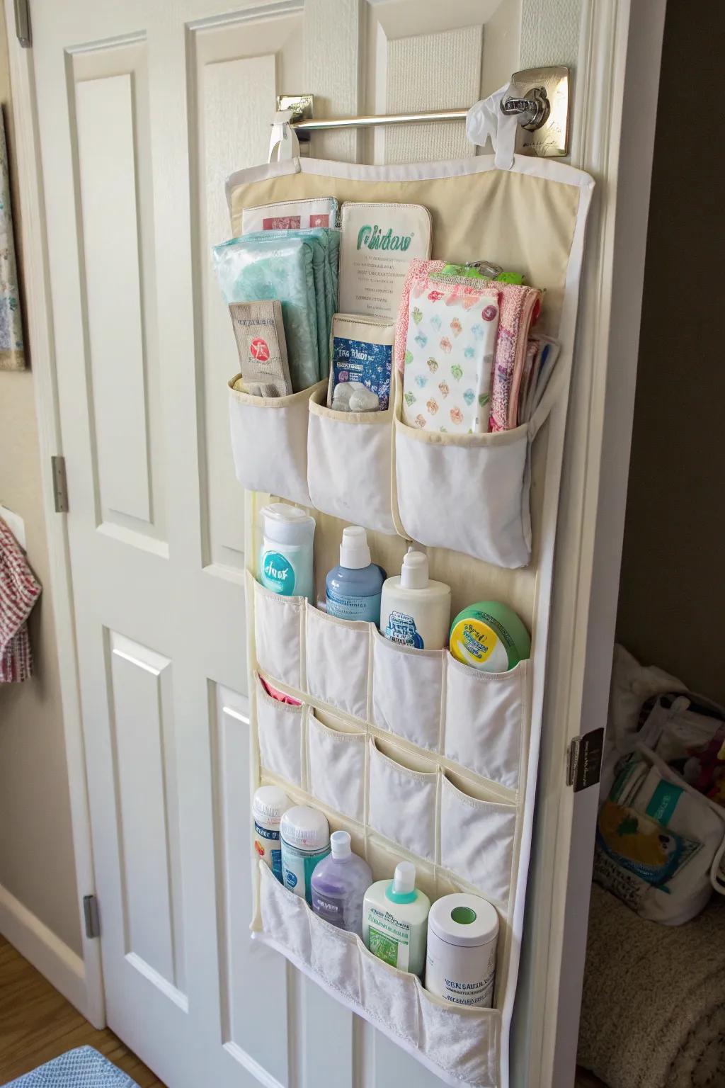 A convenient hanging door organizer designed for essential baby products.