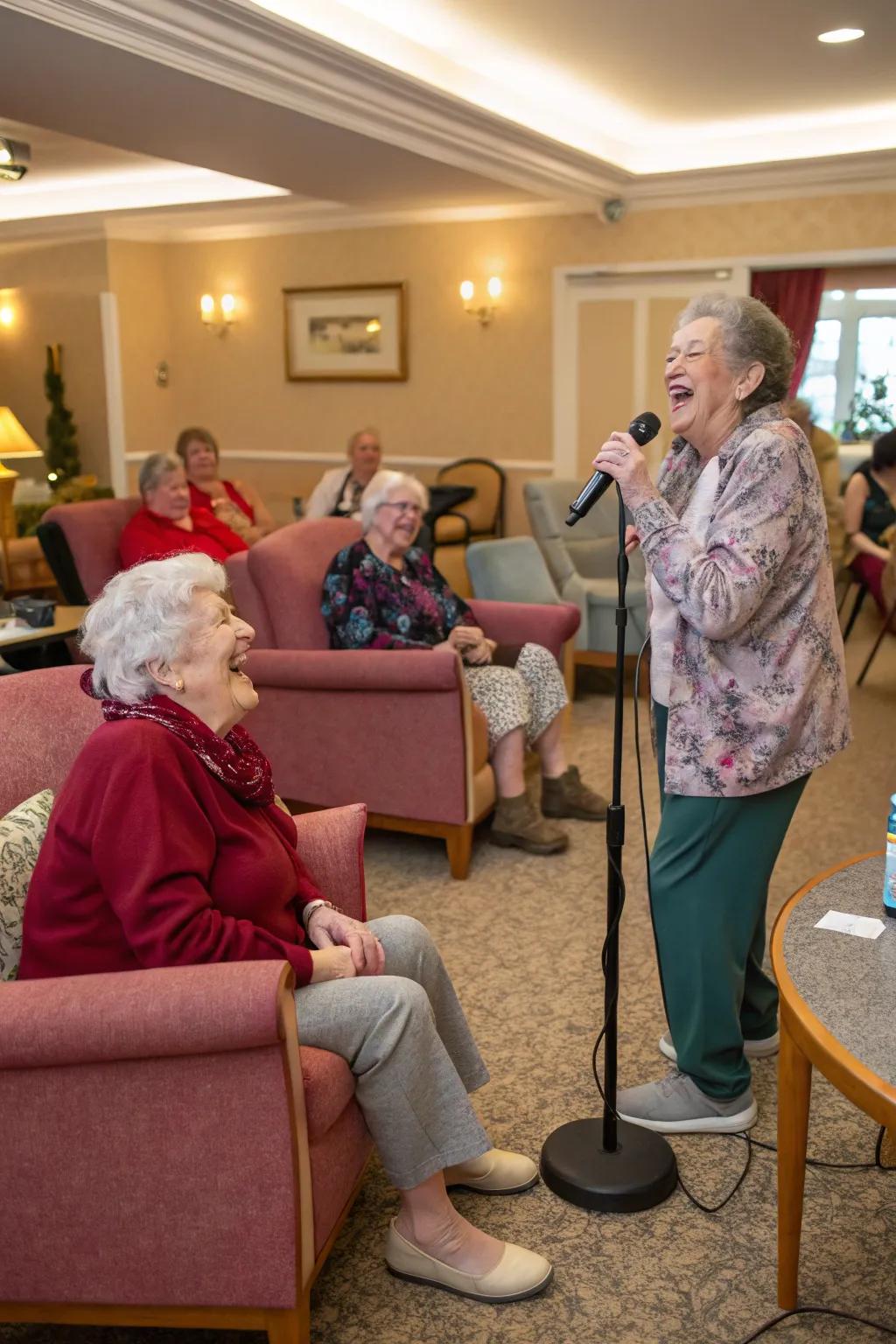 Residents delighting in an animated karaoke session singing classic love songs.
