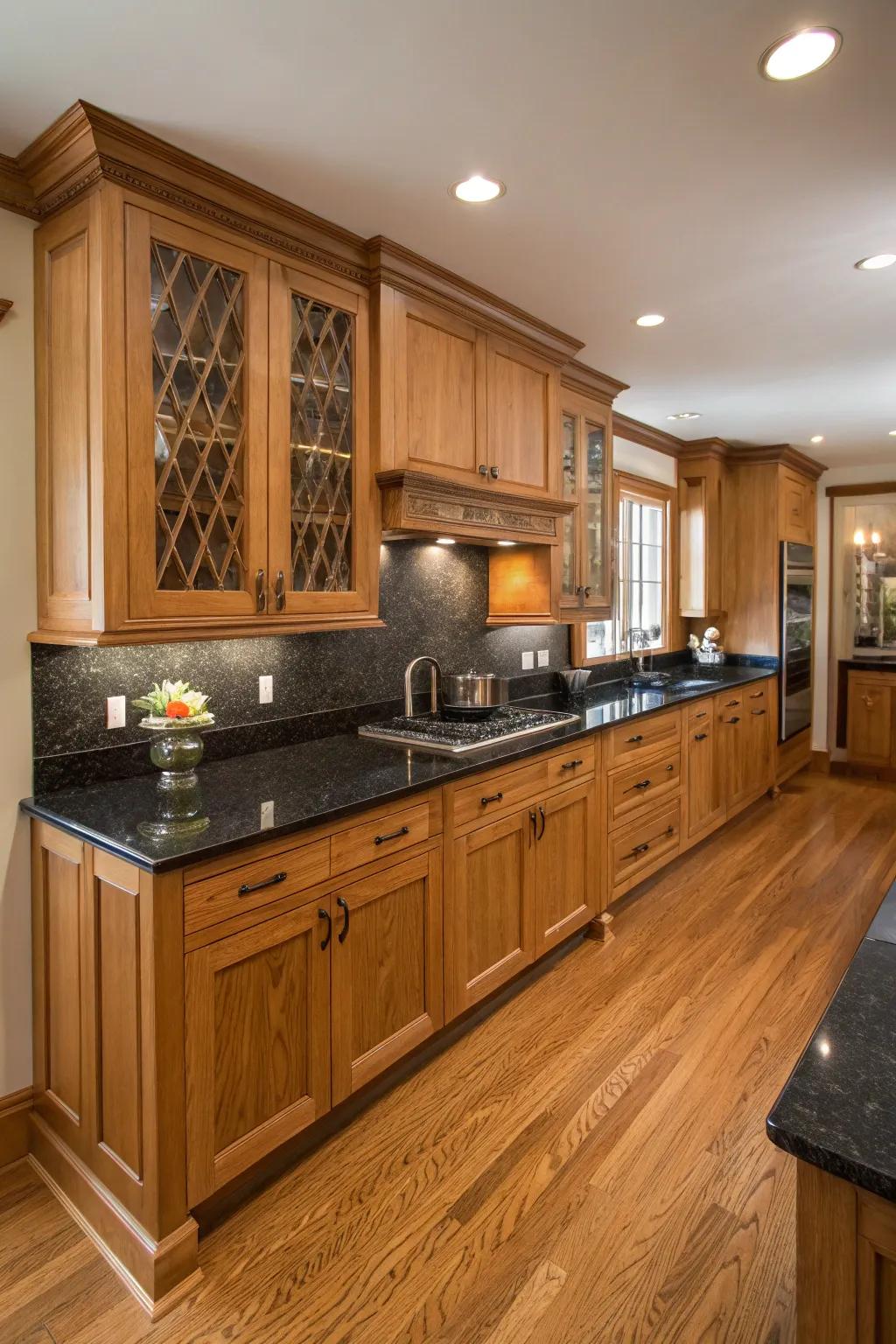 Deep worktops impart a sophisticated contrast to oak cabinetry.