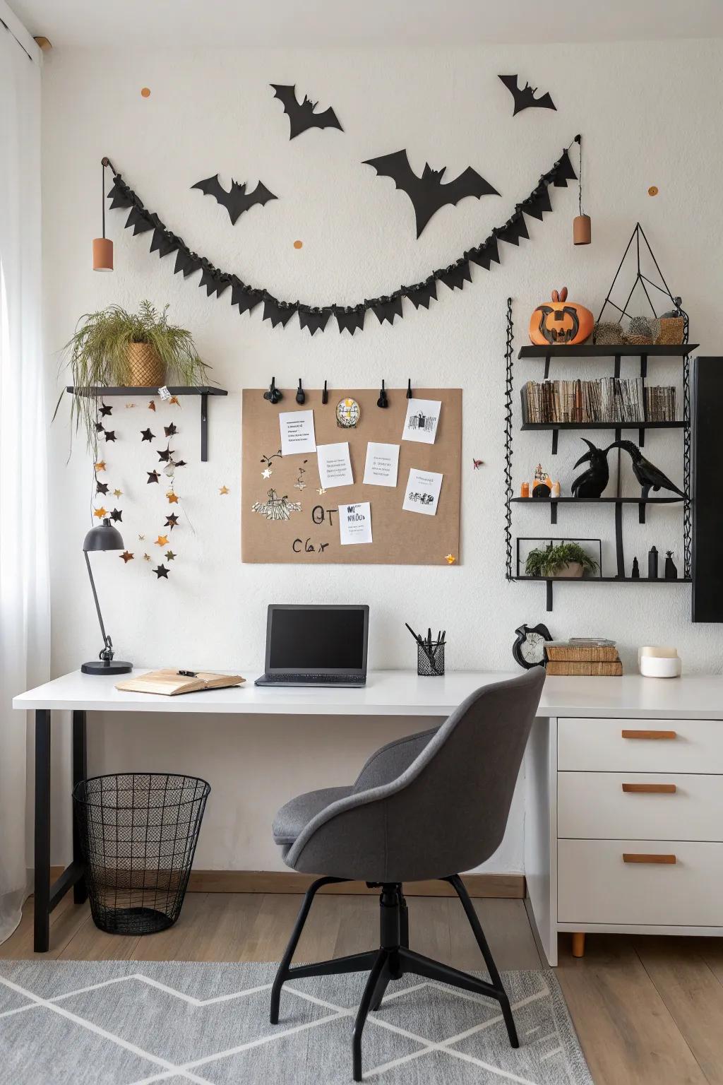 A contemporary home office bulletin board enhanced with All Hallows' Eve decor.