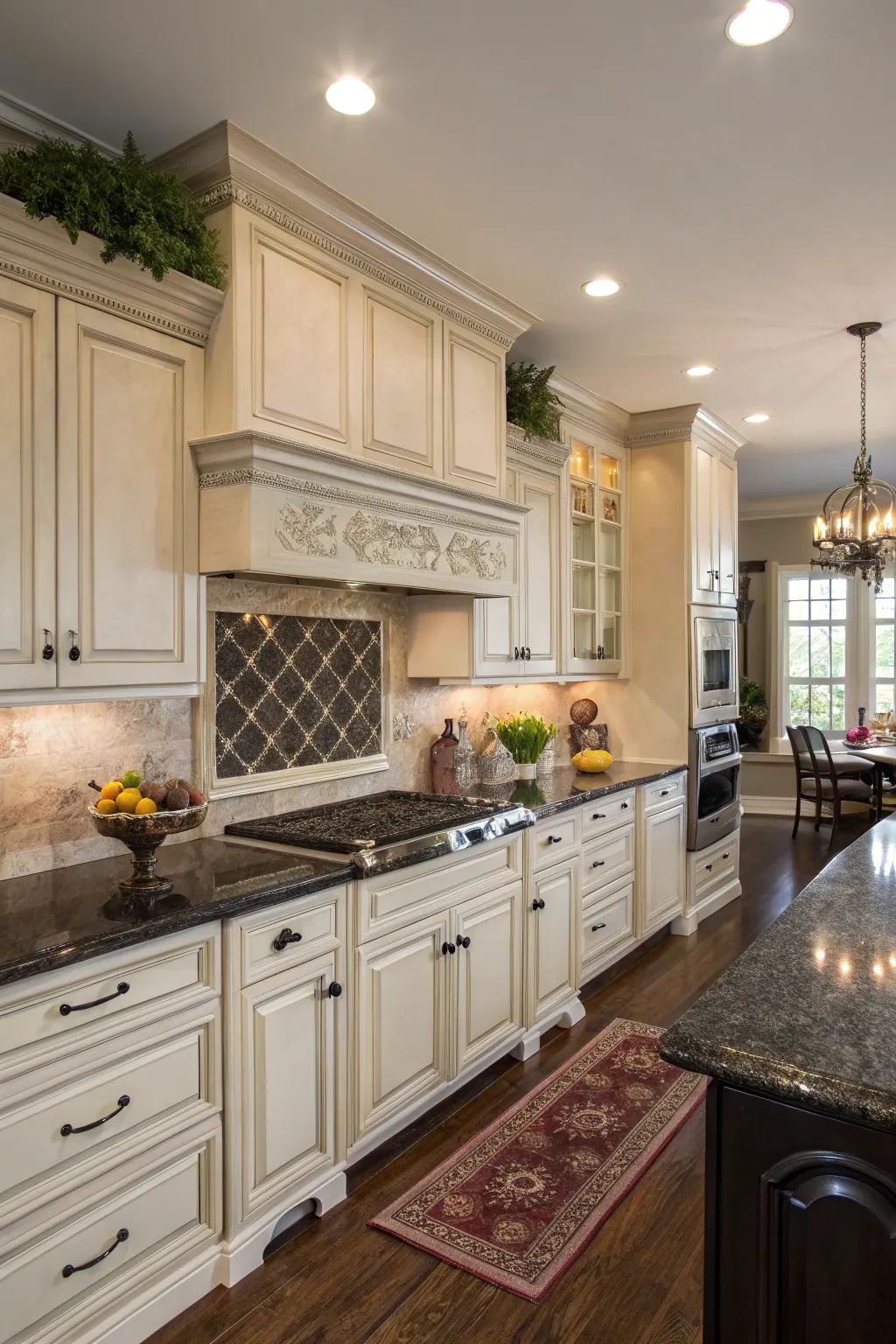 Deep-toned worktops enrich cream-colored cabinetry.