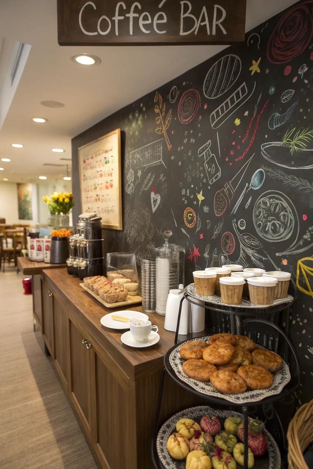 A chalkboard wall infuses character and encourages interaction in your coffee area.
