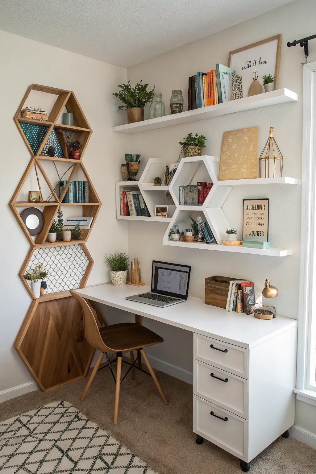 Asymmetrical shelves transform your office corner into a work of art.