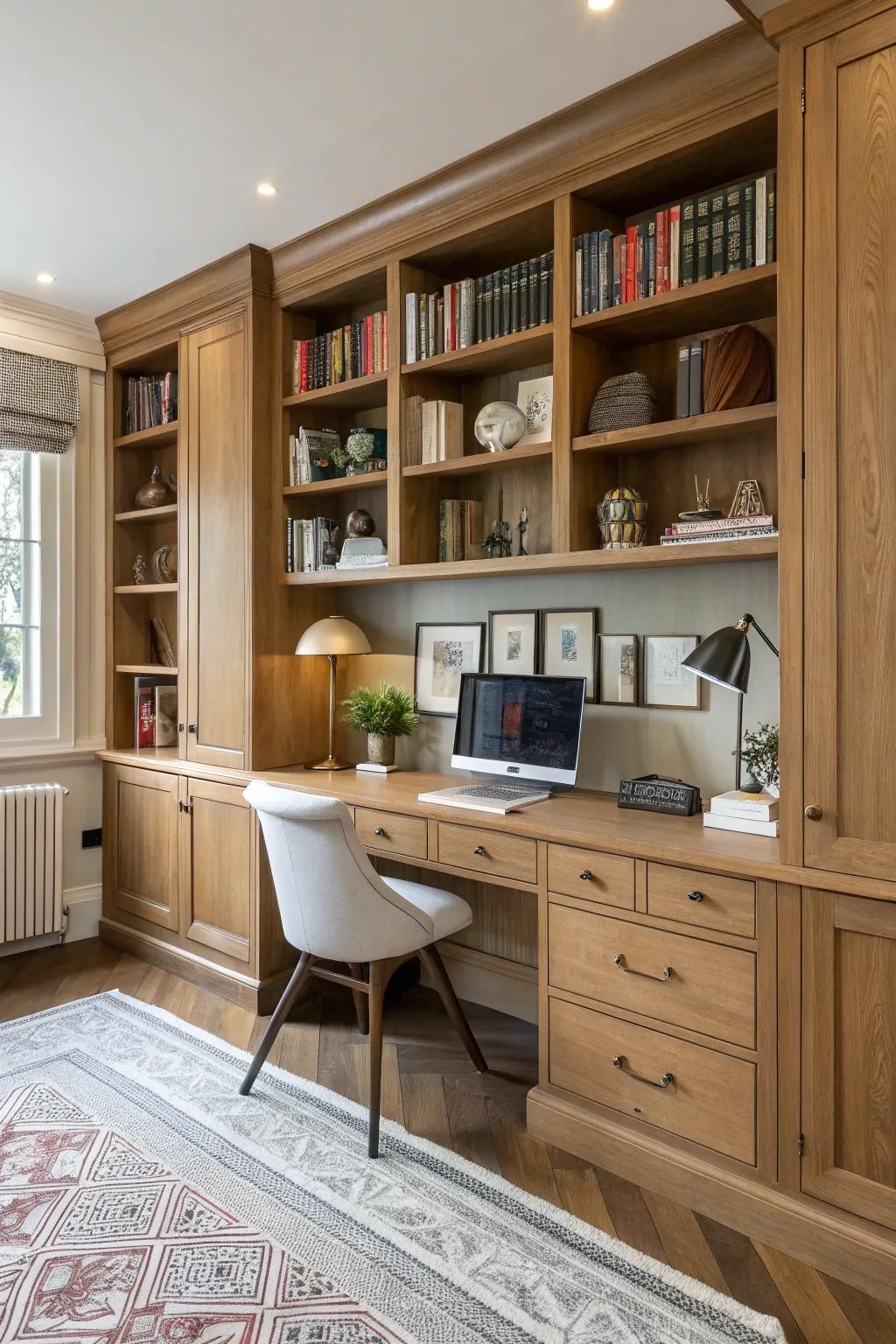 Maintain a clutter-free workspace with integrated storage solutions.