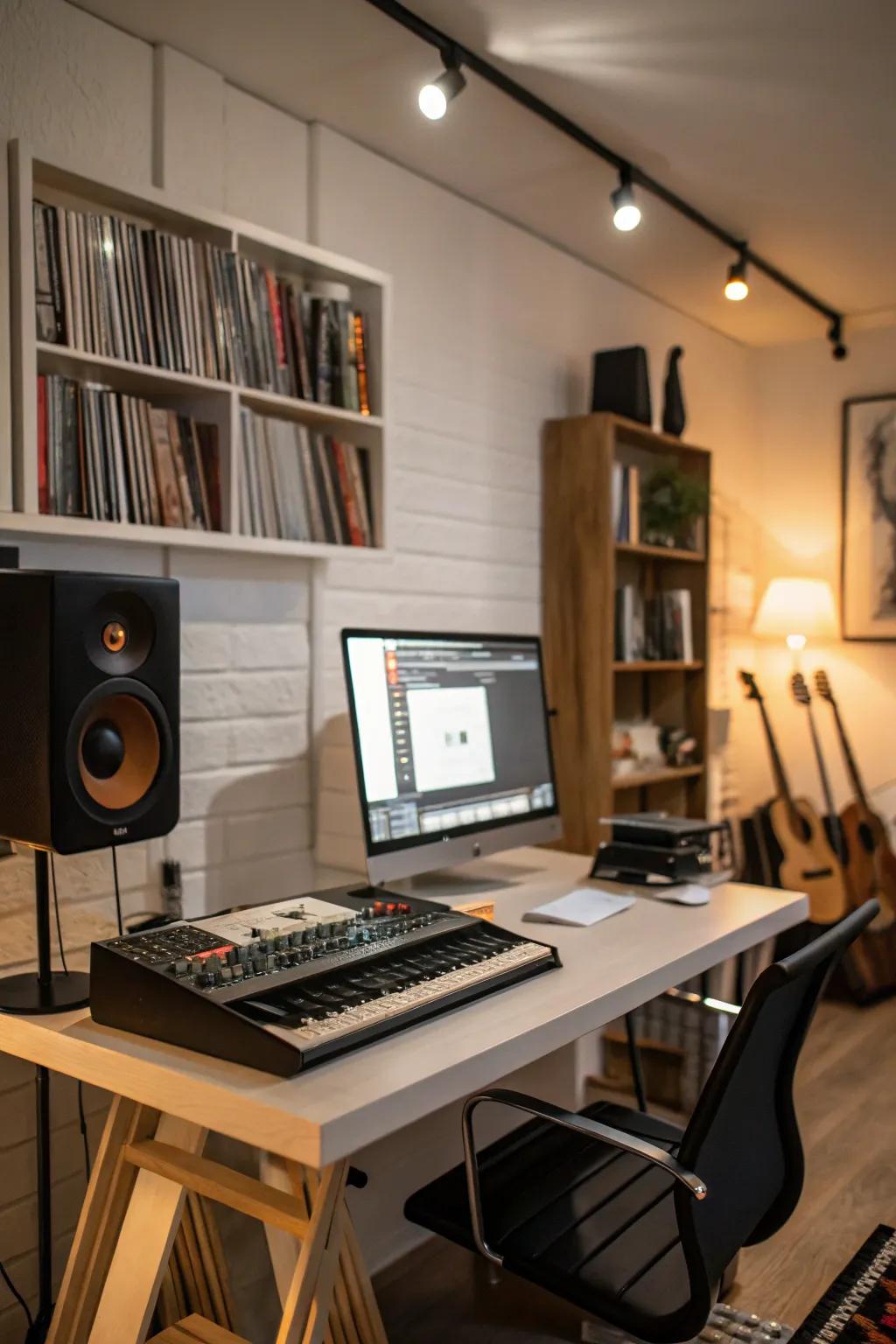 A versatile desk perfectly blends work and music.