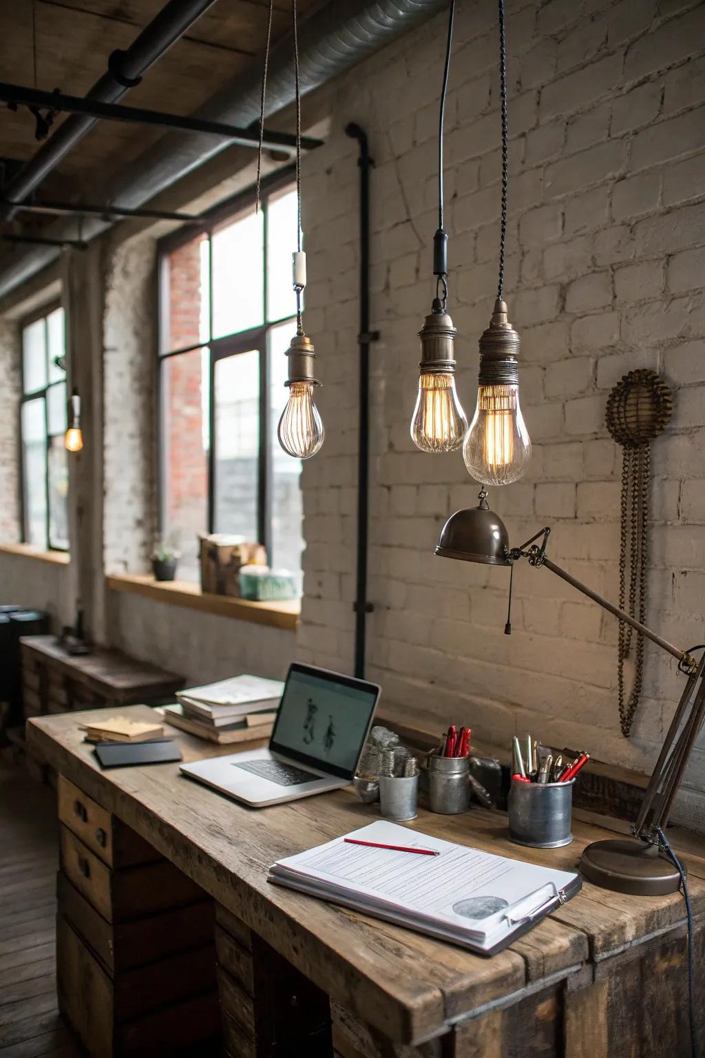 Mix metal pendant lights with exposed bulbs for an industrial chic vibe.