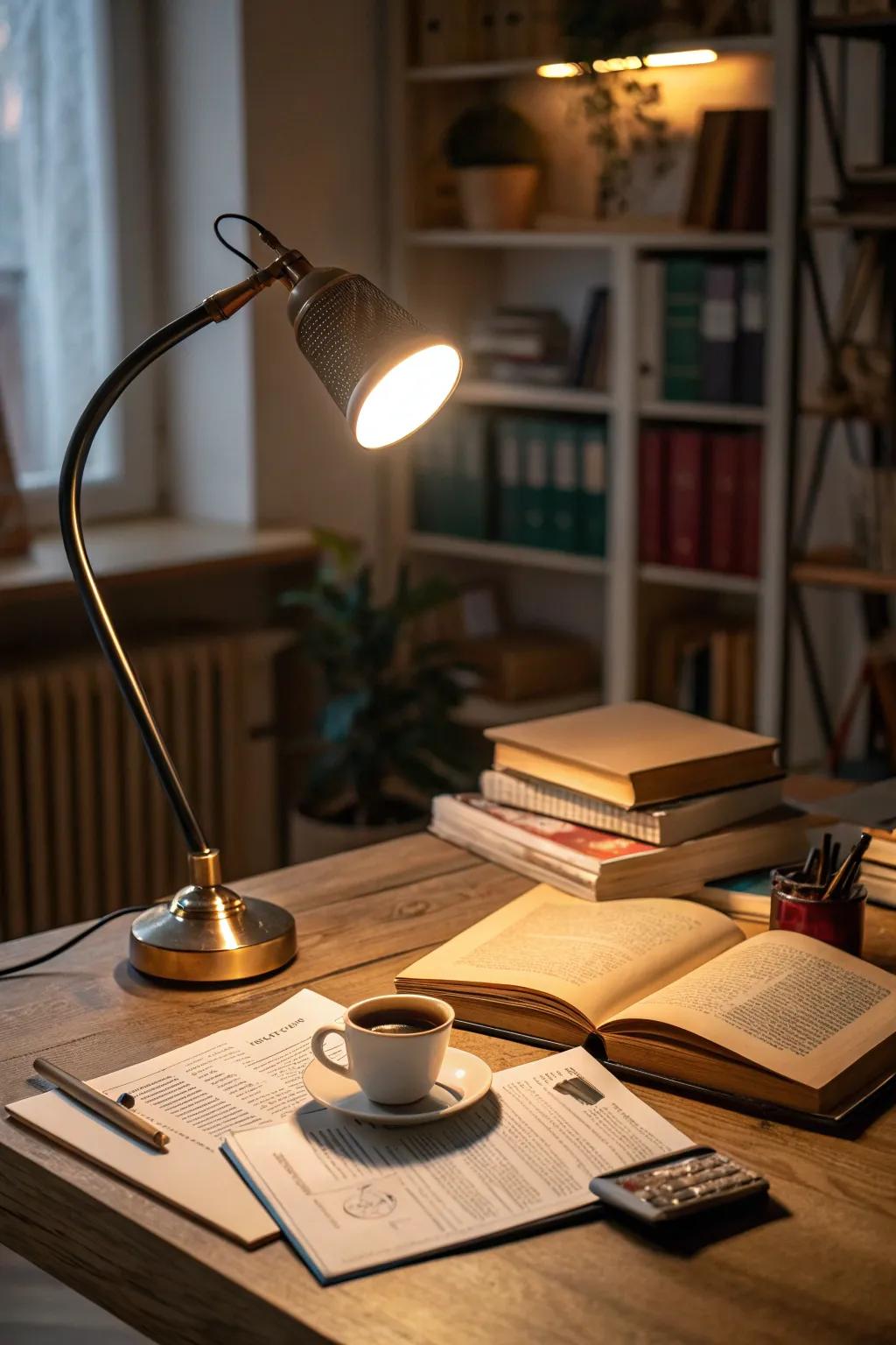 Soft and task lighting combine to create a cozy reading atmosphere in this office.